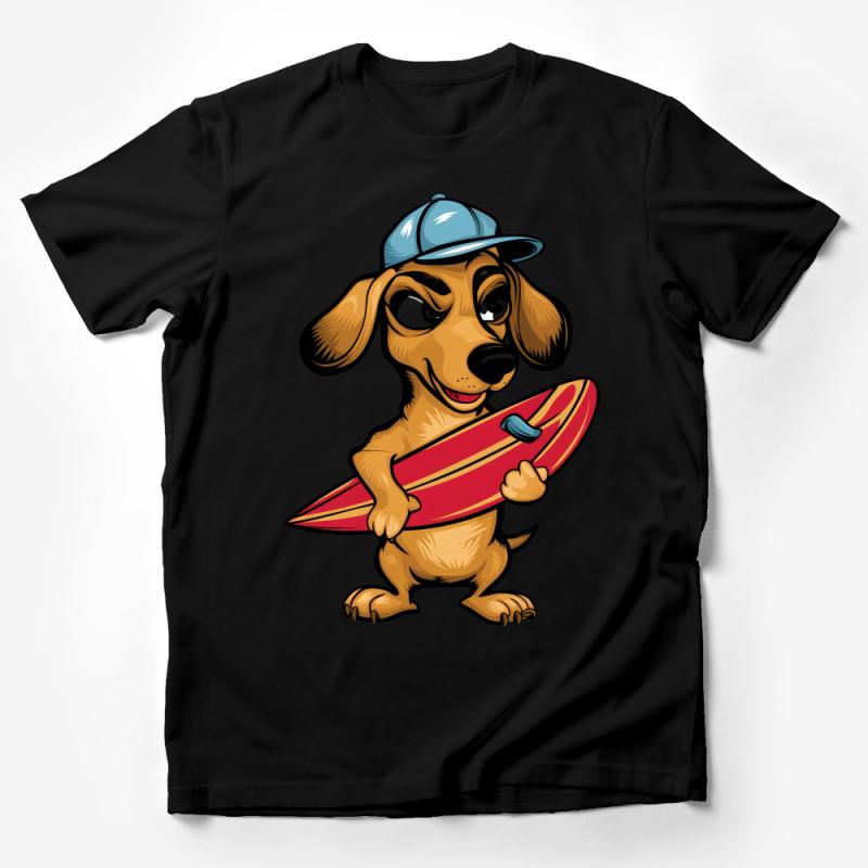 Funny Surfing Dog T-Shirt, Cute Cartoon Pup with Surfboard Tee, Unisex Casual Beachwear, Summer Outfit Male T-Shirt