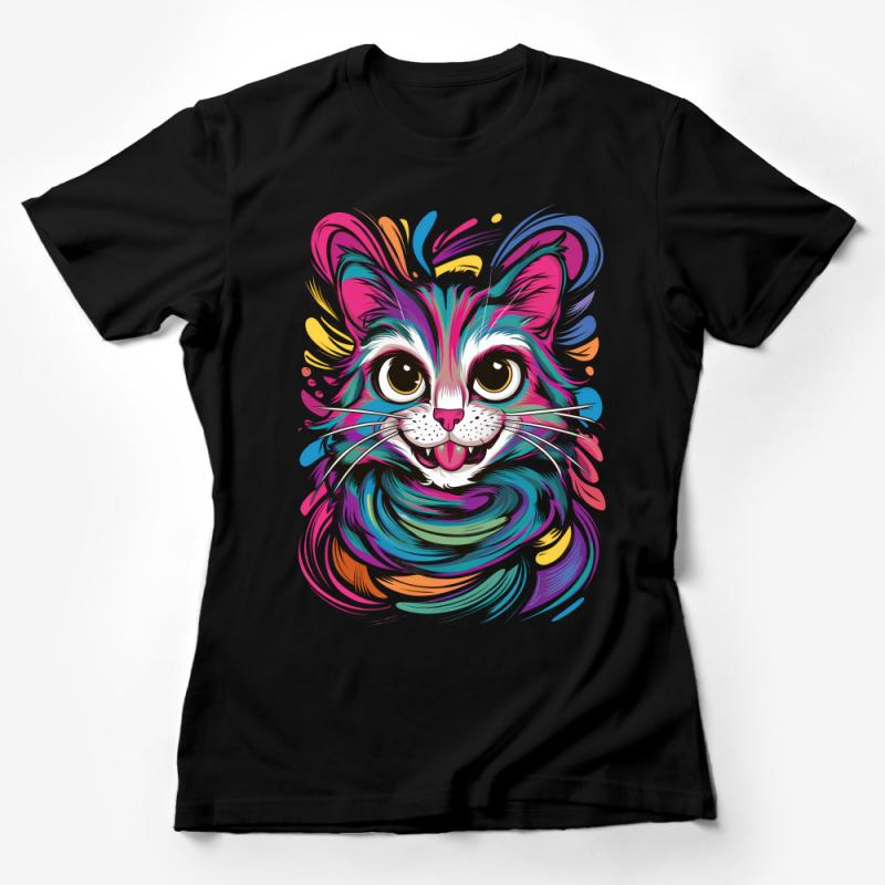 Colorful Cat T-Shirt, Whimsical Art Tee, Vibrant Animal Artwork Top, Casual Wear for Cat Lovers Female T-Shirt