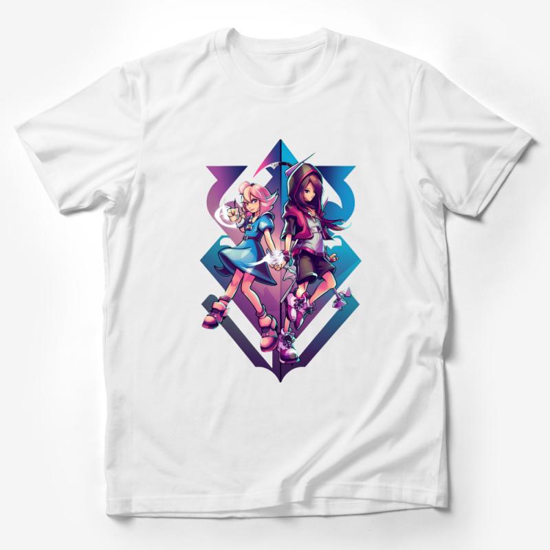 Anime Style Gamer Girls T-Shirt, Cool Dual Character Design Tee, Vibrant Graphic Shirt for Teens Male T-Shirt