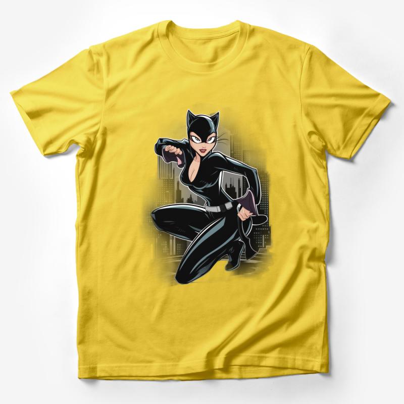 Women's Superhero Cat Character T-Shirt, Comic Book Graphic Tee, Urban Background, Casual Cosplay Shirt, Unique Gift for Her Male T-Shirt