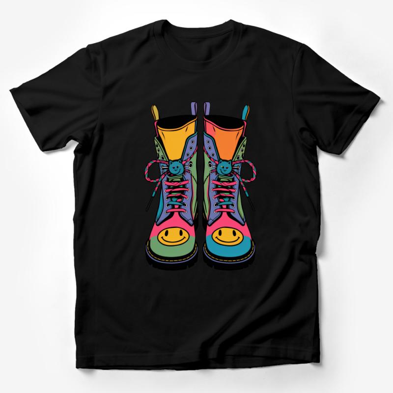 Colorful Smiley Face Boots Graphic Tee, Unisex Funky Footwear T-Shirt, Casual Streetwear Top Male T-Shirt