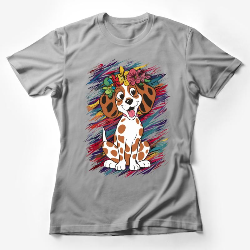 Colorful Dog T-Shirt with Floral Crown, Cute Puppy Graphic Tee, Kids and Adult Casual Wear Female T-Shirt