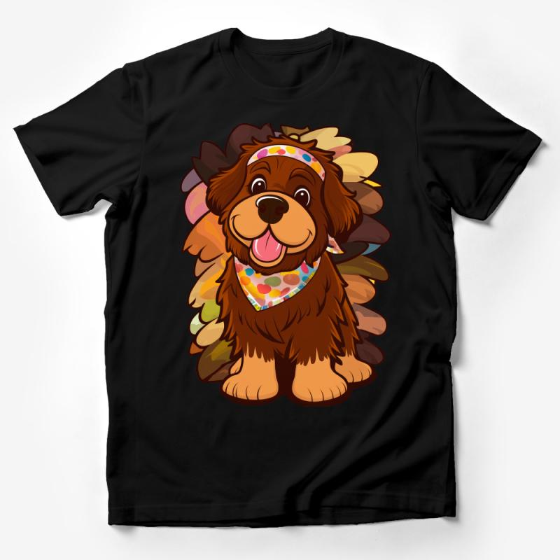 Cute Dog T-Shirt, Colorful Cartoon Puppy Graphic Tee, Sunflower and Bandana Design, Unisex Casual Shirt for Dog Lovers Male T-Shirt