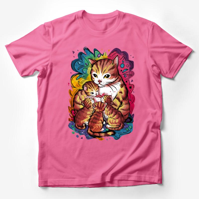 Colorful Cat and Kittens T-Shirt, Cute Cat Mom Tee, Kitten Lovers Gift, Vibrant Animal Print, Soft Cotton Unisex Shirt, Casual Wear Male T-Shirt