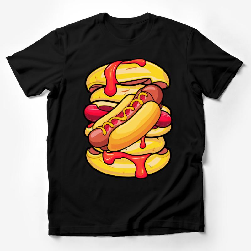 Colorful Hot Dog Fast Food Graphic Tee, Funny BBQ Shirt, Unisex Casual Streetwear, Perfect Summer Festival Attire Male T-Shirt