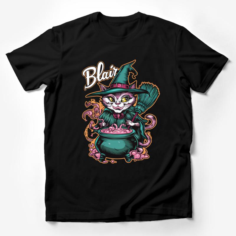 Whimsical Witch Cat T-Shirt, Halloween Feline Brewing Magic Potion Graphic Tee, Unisex Full-Color Print Shirt Male T-Shirt