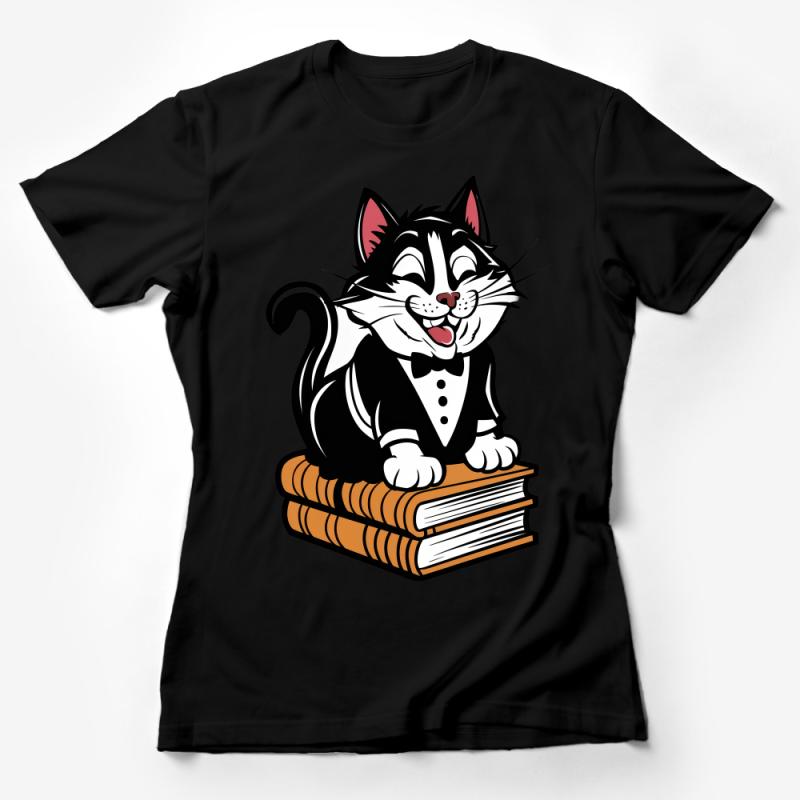 Smiling Cat in Tuxedo on Books Graphic Tee, Unisex Cat Lover Shirt, Bookworm Gift, Pet Owner Apparel Female T-Shirt