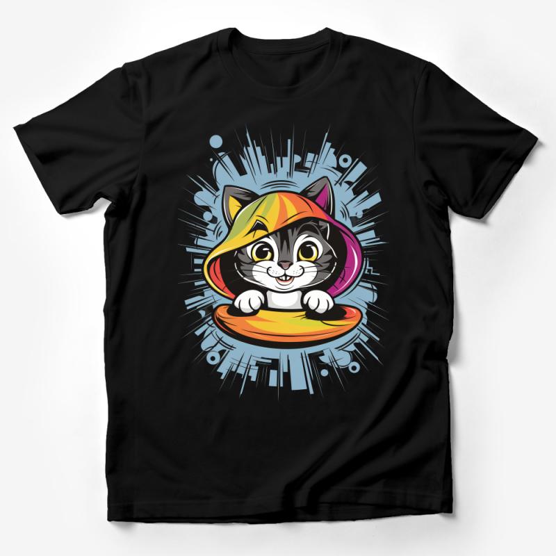 Colorful Cat Graphic T-Shirt, Cartoon Kitty in Rainbow Hat, Cute Feline Lover Apparel, Fun Animal Tee for All Ages, Unisex Clothing Male T-Shirt