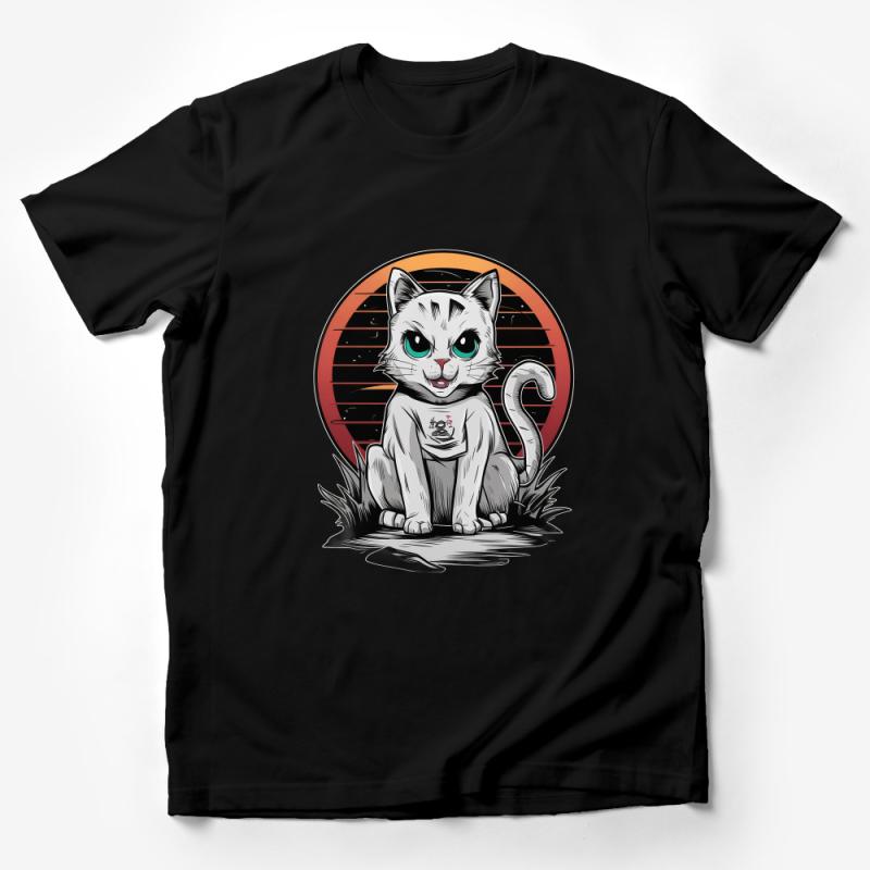 Cool Cat T-Shirt, Stylish Cartoon Kitty Tee, Sunset Retro Design, Unisex Graphic Shirt, Casual Streetwear, Gift for Cat Lovers Male T-Shirt