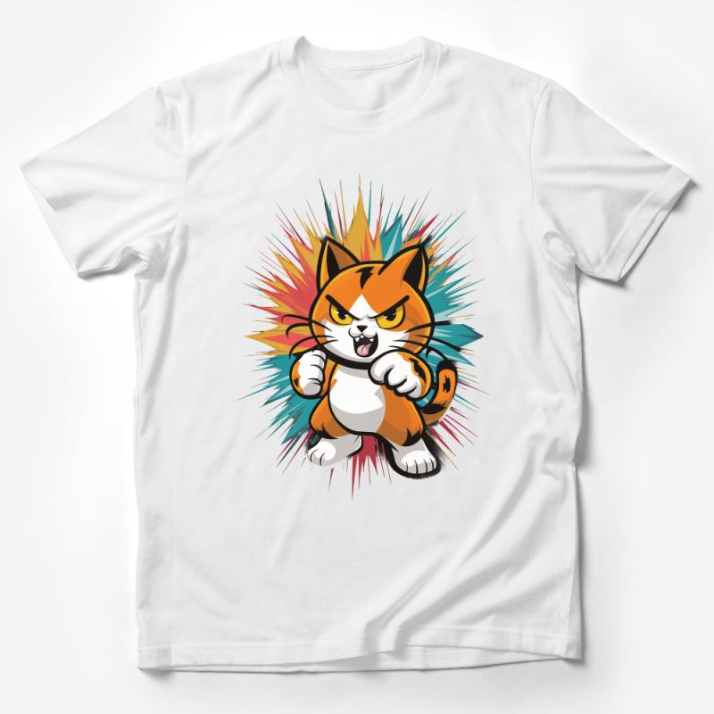 Aggressive Cartoon Cat T-Shirt, Cool Feline Graphic Tee, Unisex Cat Lover Shirt, Trendy Feline Explosion Top Male T-Shirt