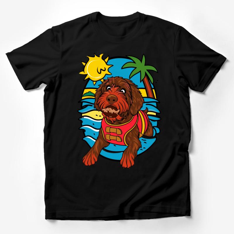 Beach Dog T-Shirt, Cute Cartoon Puppy Sun and Palms, Summer Canine Lover Tee, Tropical Pet Fashion Top, Unisex Shirt Gift Male T-Shirt