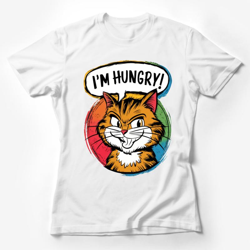 Funny Hungry Cat T-Shirt, Colorful Cartoon Graphic Tee, Unisex Casual Shirt, Cat Lover Gift, Comfy Cotton Top, Foodie Apparel Female T-Shirt