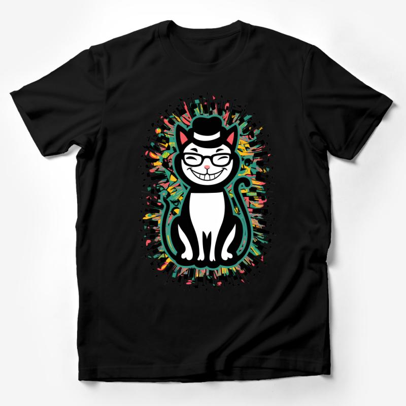 Quirky Cat T-Shirt with Hat, Funny Cartoon Cat Graphic Tee, Unisex Casual Wear, Colorful Artistic Cat Design Male T-Shirt