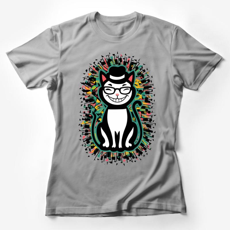 Quirky Cat T-Shirt with Hat, Funny Cartoon Cat Graphic Tee, Unisex Casual Wear, Colorful Artistic Cat Design Female T-Shirt