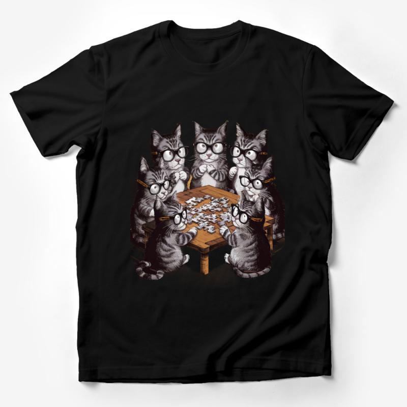 Whimsical Cat Puzzle Game T-Shirt, Nerdy Glasses Cats Playing, Unique Feline Tee, Fun Animal Lovers Gift, Unisex Shirt Male T-Shirt