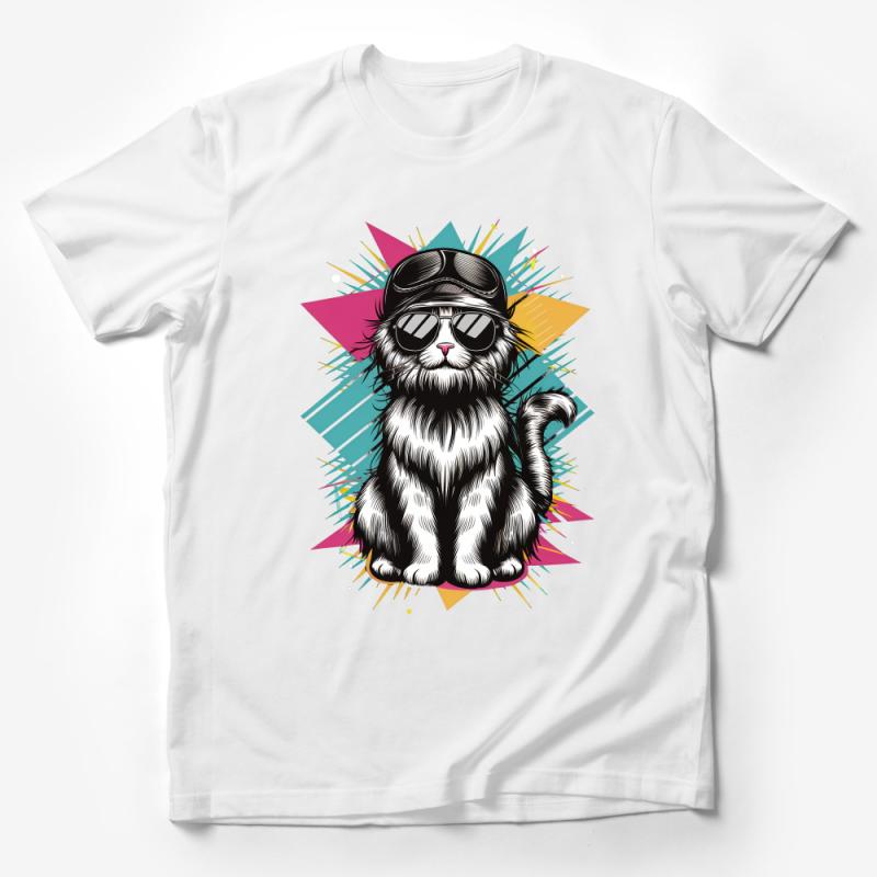 Cool Cat T-Shirt with Sunglasses and Hat, Hipster Cat Graphic Tee, Unisex Cotton Shirt for Cat Lovers Male T-Shirt