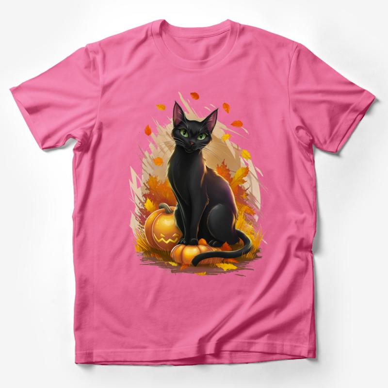 Black Cat Pumpkin Autumn Leaves Graphic Tee, Fall Season Casual T-Shirt, Halloween Cat Lover Gift Unisex Apparel Male T-Shirt