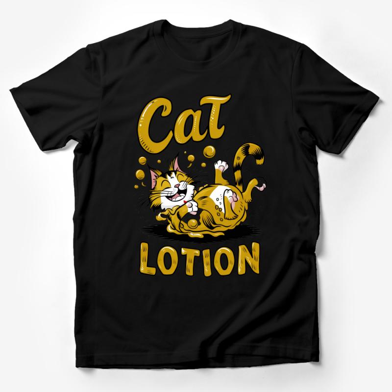 Cat Lotion Graphic Tee, Comical Feline Playful Illustration T-Shirt, Funny Cat Lover Gift, Casual Yellow and Black Tee Male T-Shirt