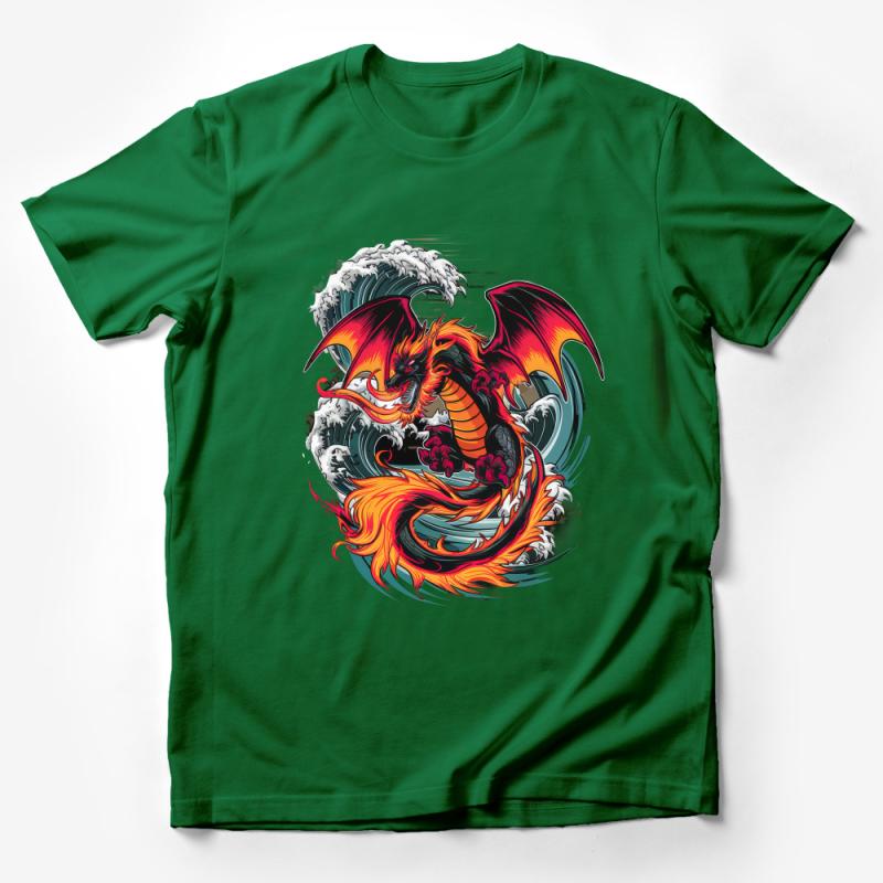 Vibrant Fire Dragon Graphic Tee, Unisex T-Shirt with Mythical Creature Design, Fantasy Art Shirt, Bold Dragon and Waves Illustration Male T-Shirt