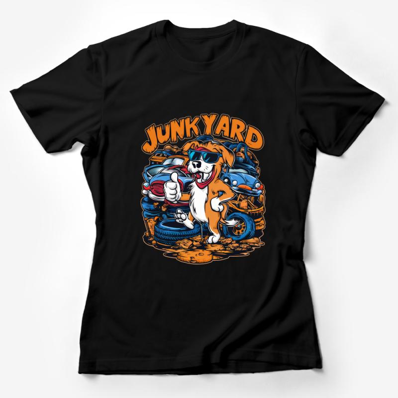 Junkyard Dog Cartoon T-Shirt, Cool Dog with Sunglasses Graphic Tee, Automotive Enthusiast, Unisex Apparel Female T-Shirt