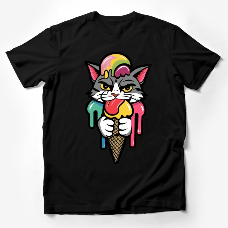 Colorful Ice Cream Cat T-Shirt, Melting Cone Kitty Tee, Funny Cat Lover Shirt, Unique Feline Graphic Tee, Summer Casual Wear Male T-Shirt