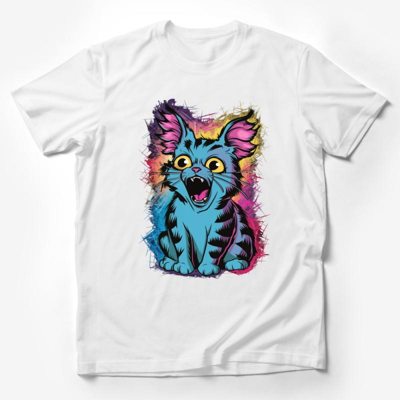 Colorful Cat T-Shirt, Funky Feline Art Tee, Vibrant Cartoon Kitty Unisex Top, Hipster Animal Graphic Shirt for All Ages Male T-Shirt