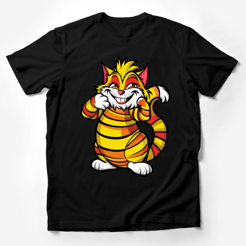 Colorful Striped Cartoon Cat T-Shirt, Whimsical Cat Art Tee, Unisex Adults and Kids Cute Shirt Male T-Shirt