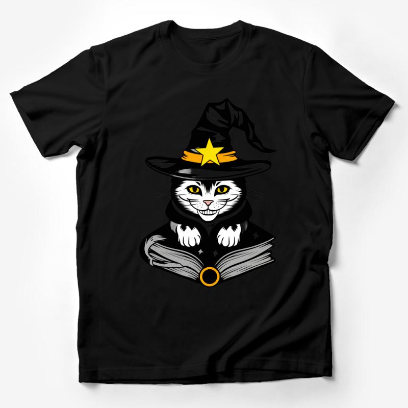 Wizard Cat T-Shirt, Magical Kitty with Hat, Book Lover Gift, Unisex Graphic Tee, Fantasy Animal Top, Witchy Clothing, Cute Cat Shirt Male T-Shirt