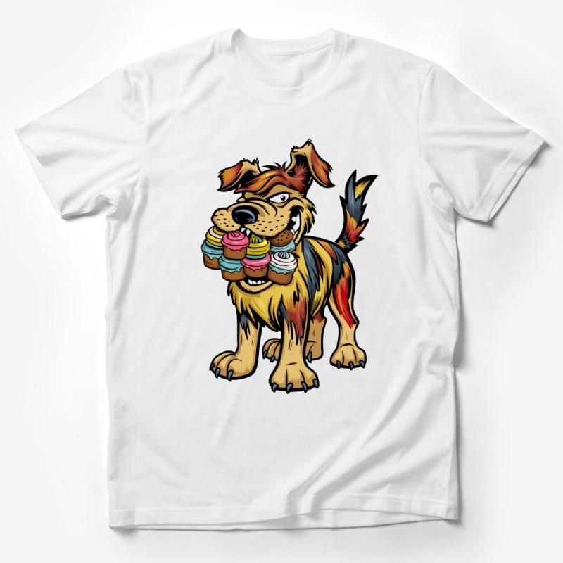 Playful Dog with Cupcakes T-Shirt, Colorful Cartoon Dog Lover Tee, Unisex Graphic Tee for All Ages, Gift for Pet Owners Male T-Shirt