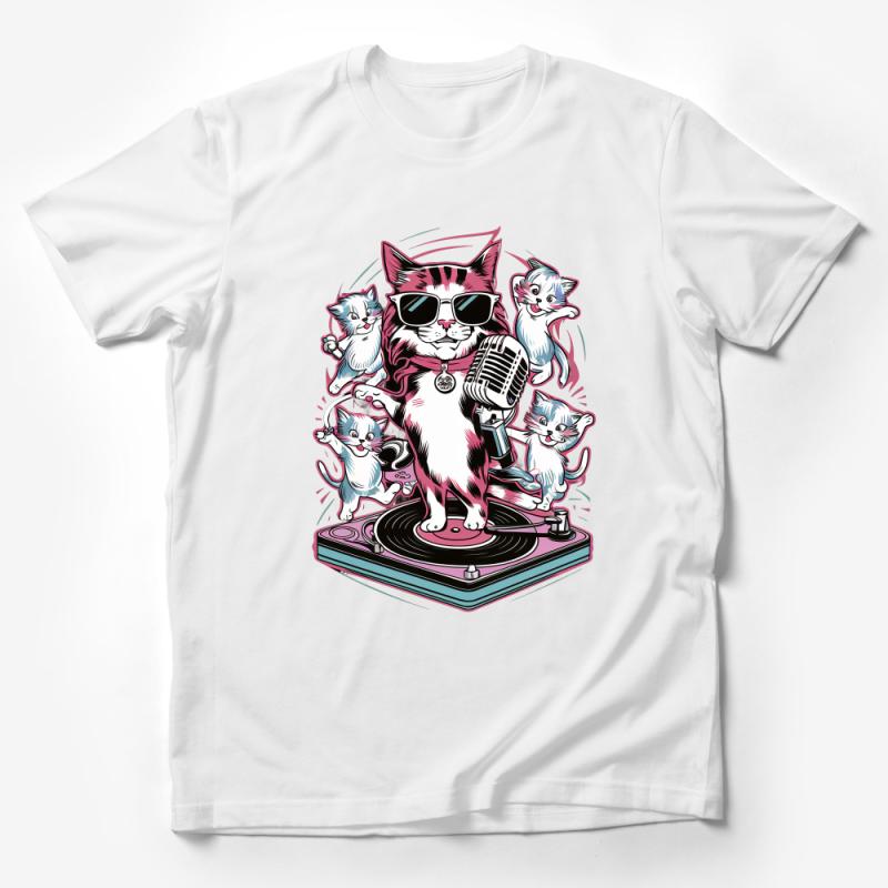 Cool Cat DJ with Microphone and Kittens Graphic Tee, Music Lover Cotton T-shirt, Unisex Party Kitty Shirt Male T-Shirt