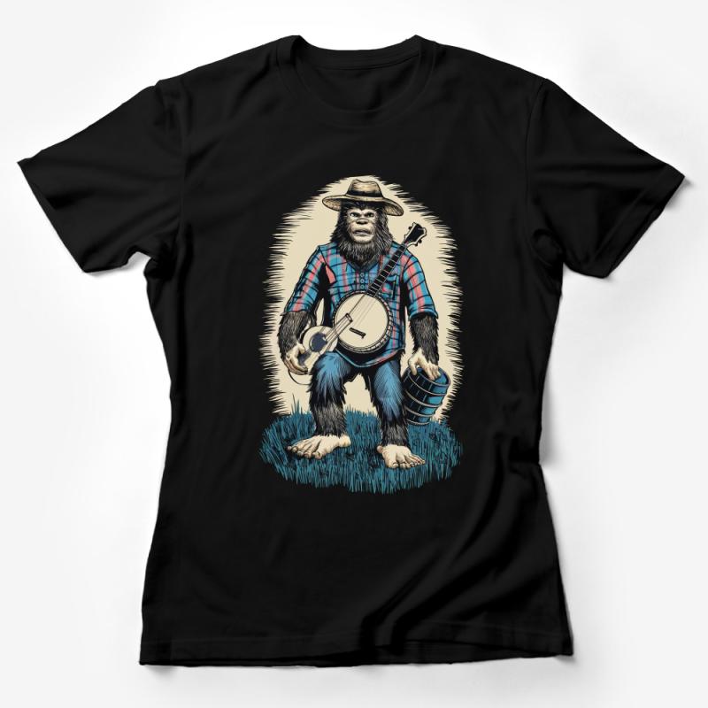 Banjo-Playing Bigfoot T-Shirt, Funky Sasquatch Graphic Tee, Musician Cryptid Unisex Shirt, Mountain Folklore Inspired Casual Wear Female T-Shirt