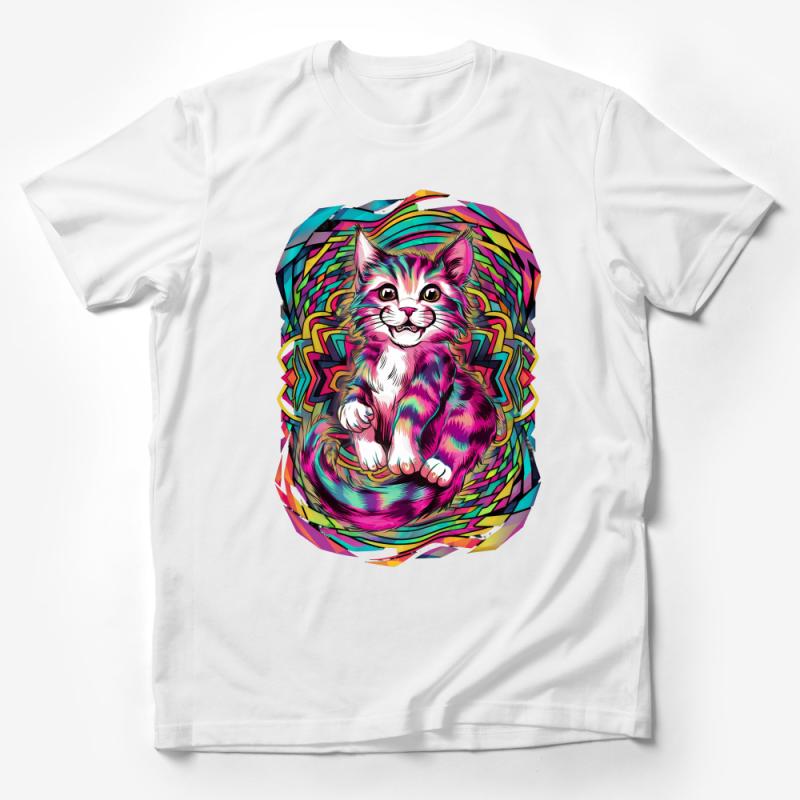 Colorful Abstract Cat Print T-Shirt, Vibrant Artistic Kitten Tee, Unisex Graphic Tee, Casual Wear for Cat Lovers Male T-Shirt