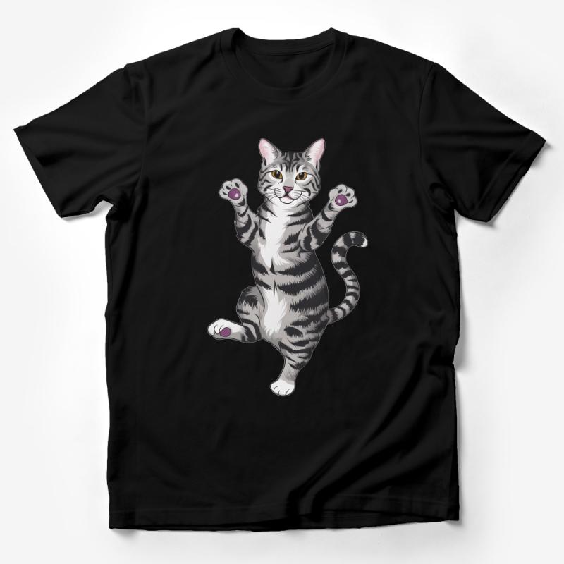 Happy Dancing Cat T-Shirt, Cute Tabby Cat Graphic Tee, Unisex Cat Lover Shirt, Whimsical Animal Print Top, Casual Pet Owner Gift Male T-Shirt