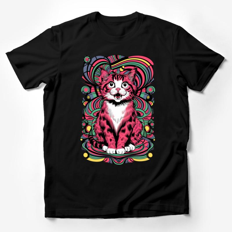 Psychedelic Cat T-Shirt, Colorful Feline Graphic Tee, Unisex Casual Wear, Unique Cat Lover Gift, Artistic Apparel, Funky Style Clothing Male T-Shirt