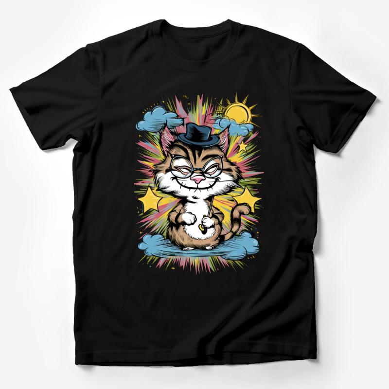 Funny Cat T-Shirt, Whimsical Cat with Hat Graphic Tee, Cute Cartoon Animal Unisex Shirt, Gift for Cat Lovers, Casual Wear, Unique Design Male T-Shirt