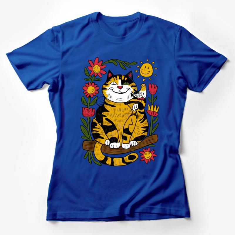 Whimsical Cat T-Shirt, Quirky Animal Graphic Tee, Colorful Cat Lover Shirt, Unisex Floral Cat Top, Vibrant Feline Illustration Apparel Female T-Shirt