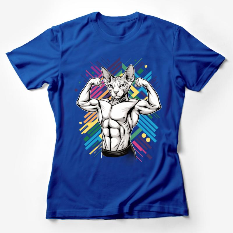 Muscular Cat T-Shirt, Funny Bodybuilding Kitten Tee, Colorful Graphic Shirt, Unisex Animal Lover Gift, Gym Pet Humor Top Female T-Shirt