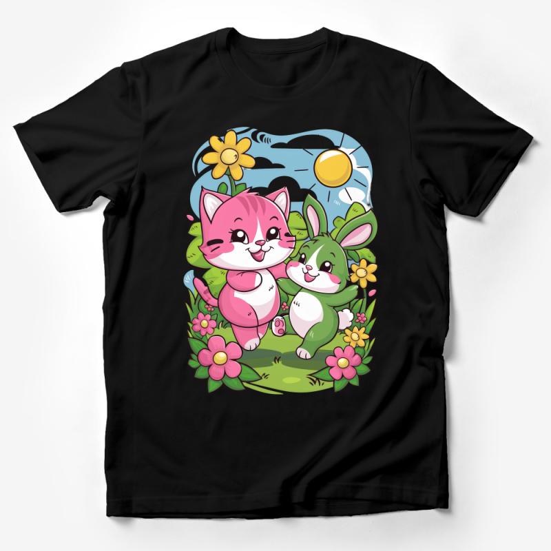 Cute Cat and Bunny Friends T-Shirt, Unisex Cartoon Animal Tee, Springtime Graphic Shirt, Kids and Adults Male T-Shirt