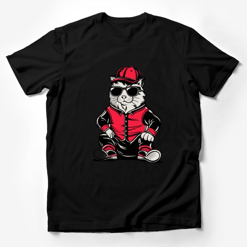 Cool Cat T-Shirt, Hipster Cat with Hat and Sunglasses, Unisex Graphic Tee, Casual Red and Black Streetwear Male T-Shirt