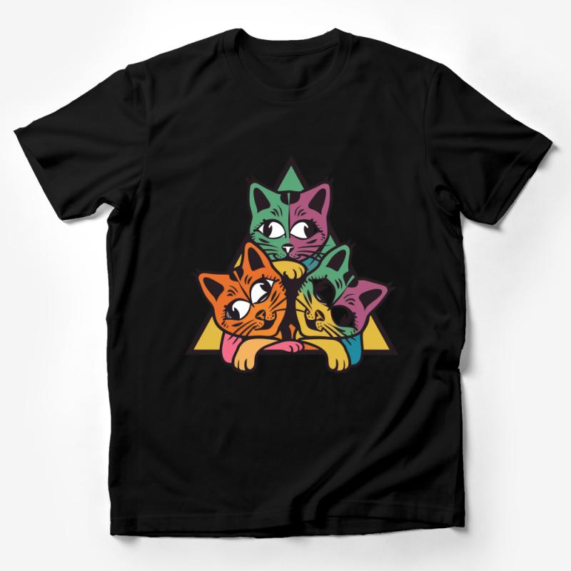 Colorful Triangular Three Cats Design T-Shirt, Cute Kitty Graphic Tee, Cat Lovers Unisex Shirt, Vibrant Feline Apparel Male T-Shirt