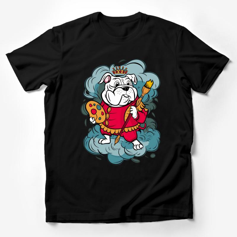 Artist Bulldog T-Shirt, Creative Dog in Crown and Cape, Colorful Painter Pup Tee, Unique Pet Lover Gift, Artistic Canine Apparel Male T-Shirt