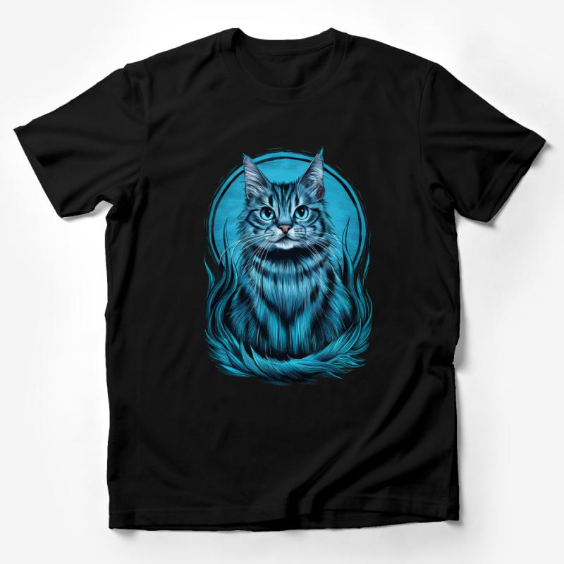 Blue Cat Illustration T-Shirt, Whimsical Feline Graphic Tee, Unisex Animal Print Shirt, Casual Wear Male T-Shirt