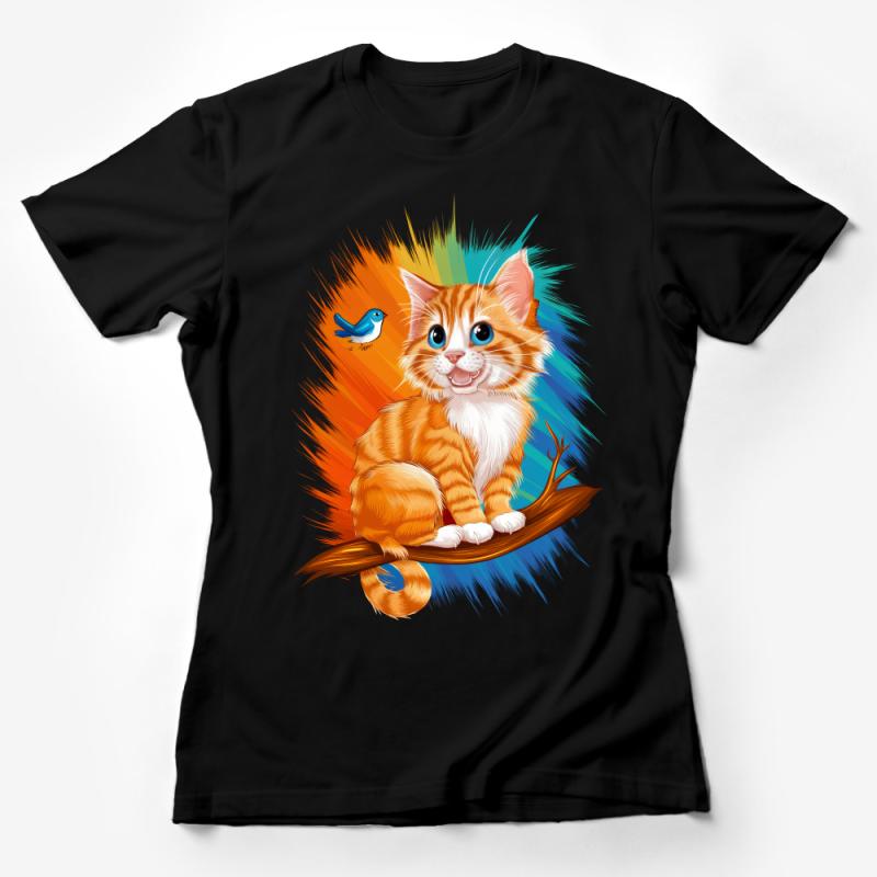 Vibrant Cat and Bird Graphic Tee, Colorful Kitten Illustration Shirt, Pet Lovers Artistic T-Shirt, Unisex Cute Animal Tee Female T-Shirt