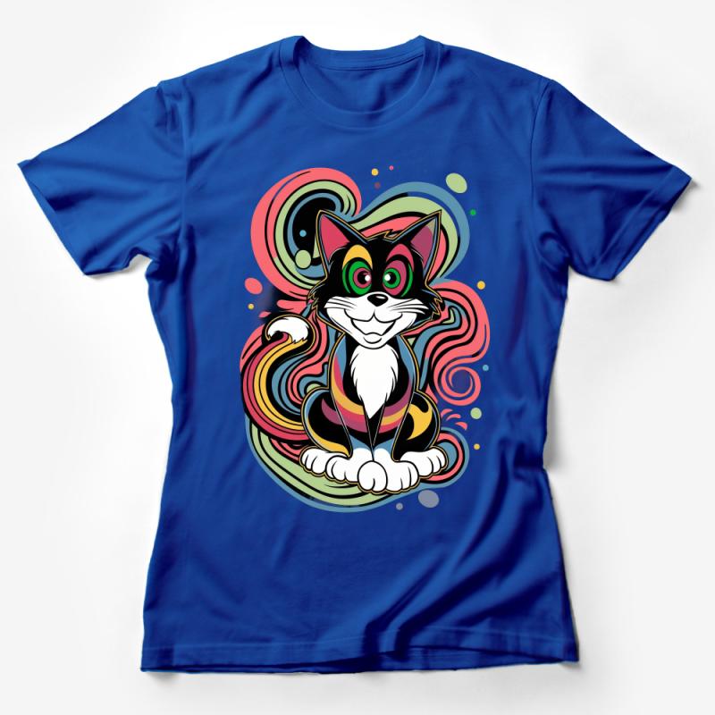 Colorful Abstract Cat T-Shirt, Funky Hipster Cat Tee, Unique Cat Lover Gift, Vibrant Comic Style Feline Top, Unisex Casual Wear Female T-Shirt