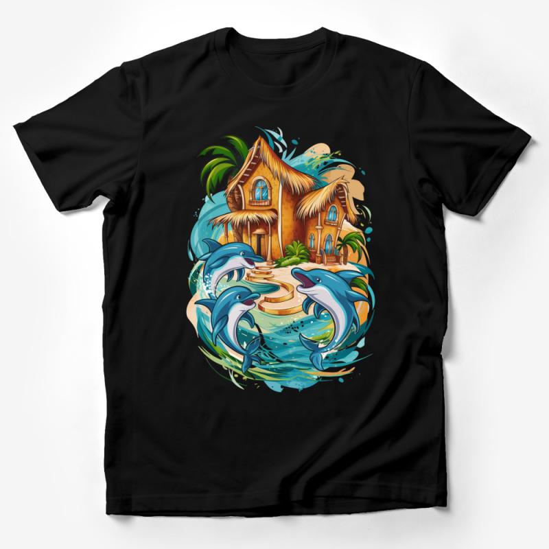 Tropical Beach House and Dolphins Graphic T-Shirt, Ocean Life Illustration, Summer Vacation Tee, Unisex Island Shirt Male T-Shirt