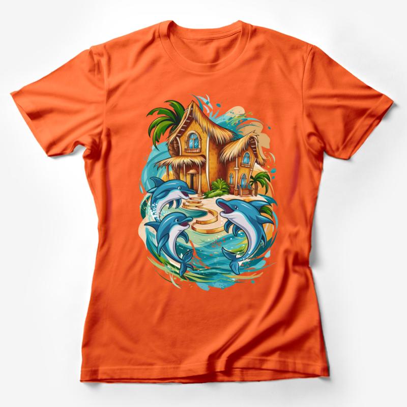 Tropical Beach House and Dolphins Graphic T-Shirt, Ocean Life Illustration, Summer Vacation Tee, Unisex Island Shirt Female T-Shirt