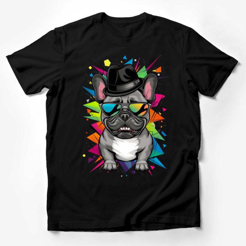 Cool French Bulldog T-Shirt, Funny Dog Wearing Sunglasses and Hat, Hipster Puppy Tee, Colorful Pet Lover Shirt, Unique Frenchie Top Male T-Shirt