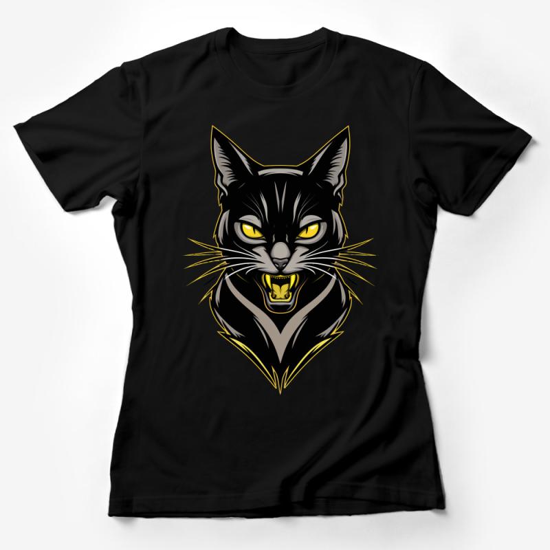 Black Cat T-Shirt, Fierce Feline Graphic Tee, Unisex Yellow Eye Cat Design, Casual Streetwear Female T-Shirt