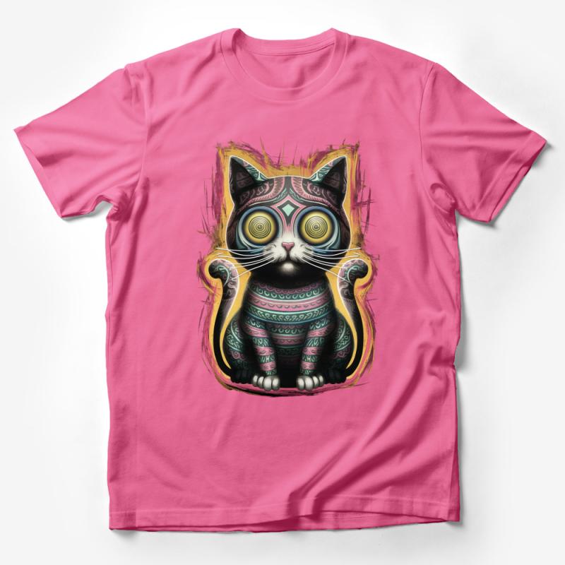 Colorful Cat T-Shirt, Whimsical Cat Art Tee, Unique Feline Illustration Top, Boho Style Cat Design, Unisex Shirt for Cat Lovers Male T-Shirt