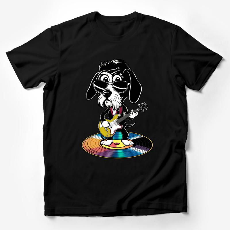 Cool Dog Playing Guitar T-Shirt, Vinyl Record Musical Canine Tee, Cartoon Rockstar Pup Shirt, Unique Animal Music Lover Gift Male T-Shirt